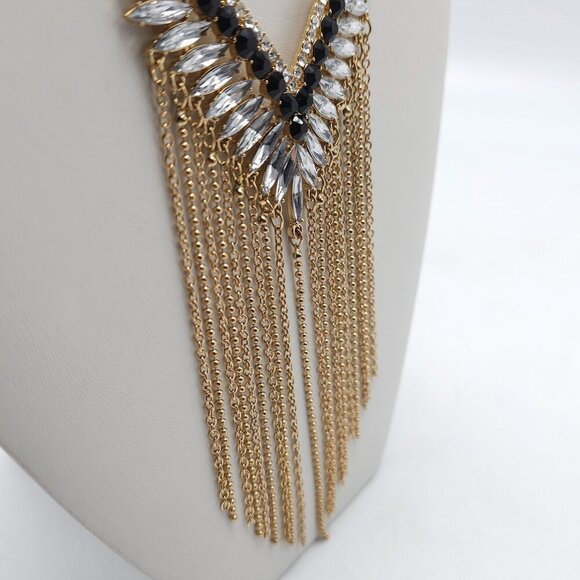 Guess Gold-Tone Fringe Statement Necklace With Black & Clear Rhinestones - Picture 3 of 8
